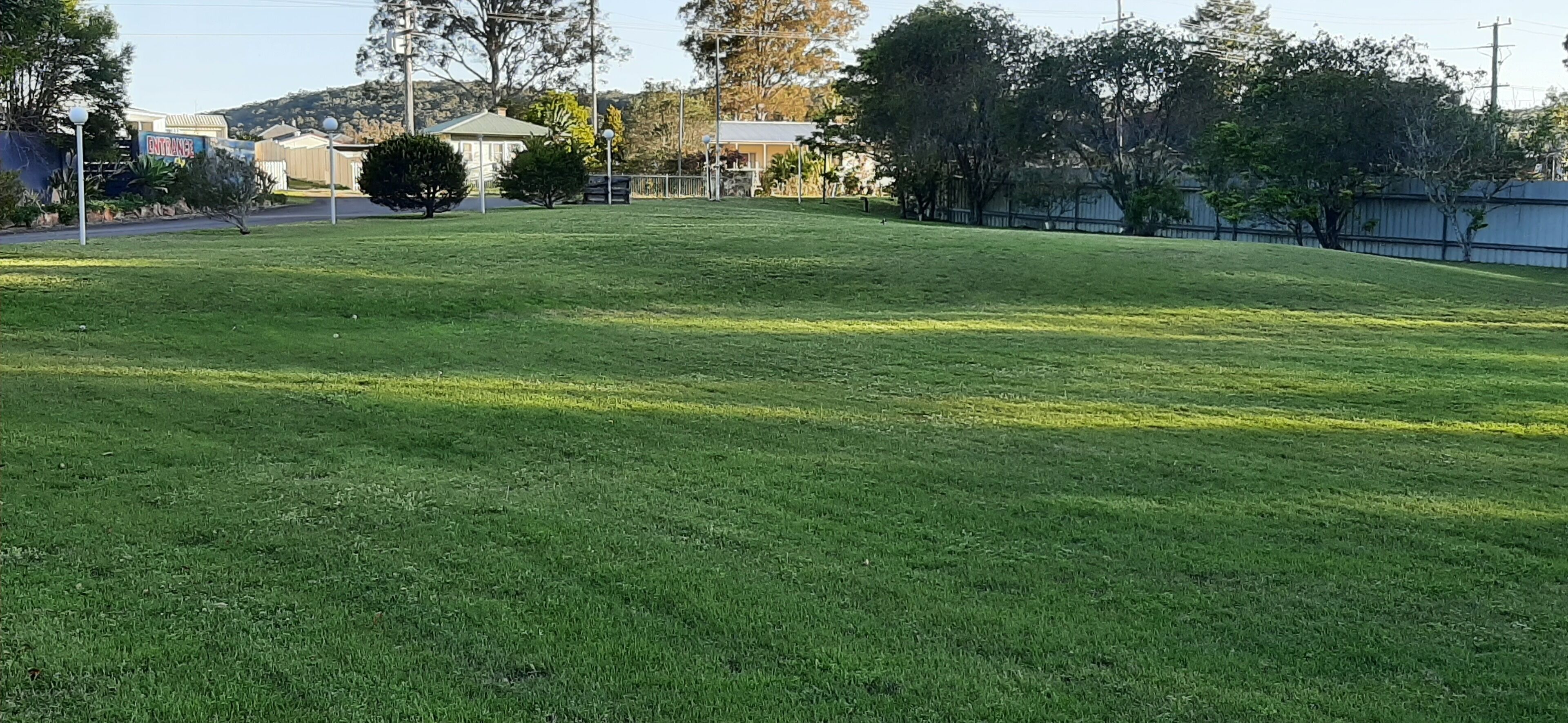 Ein grasbewachsenes Feld mit einigen Bäumen und einem Gebäude im Hintergrund.