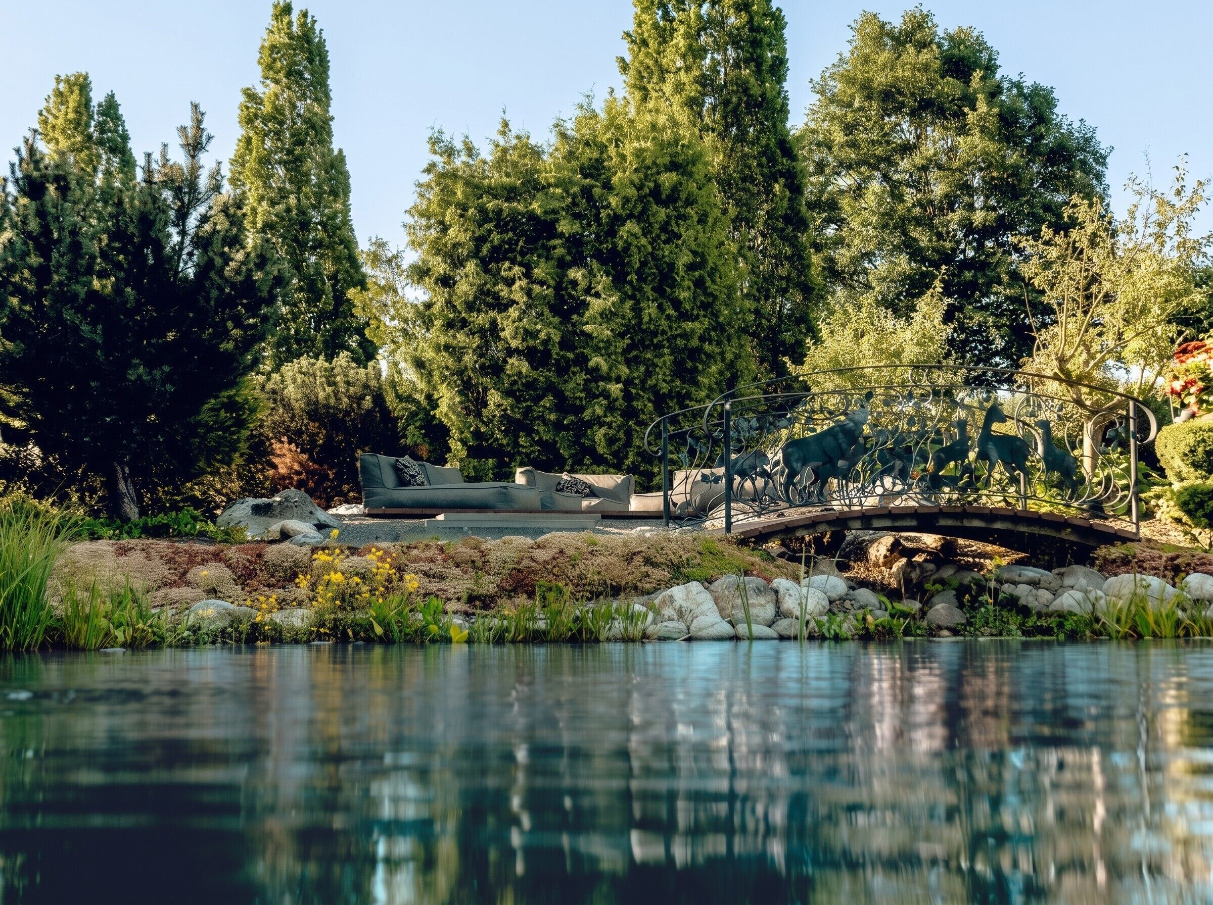 A serene lakeside setting with a bridge, a row of trees, and a seating area with a sofa and chairs.