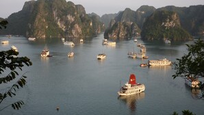 Un paysage côtier avec de nombreux bateaux sur une eau calme, entouré de collines verdoyantes.