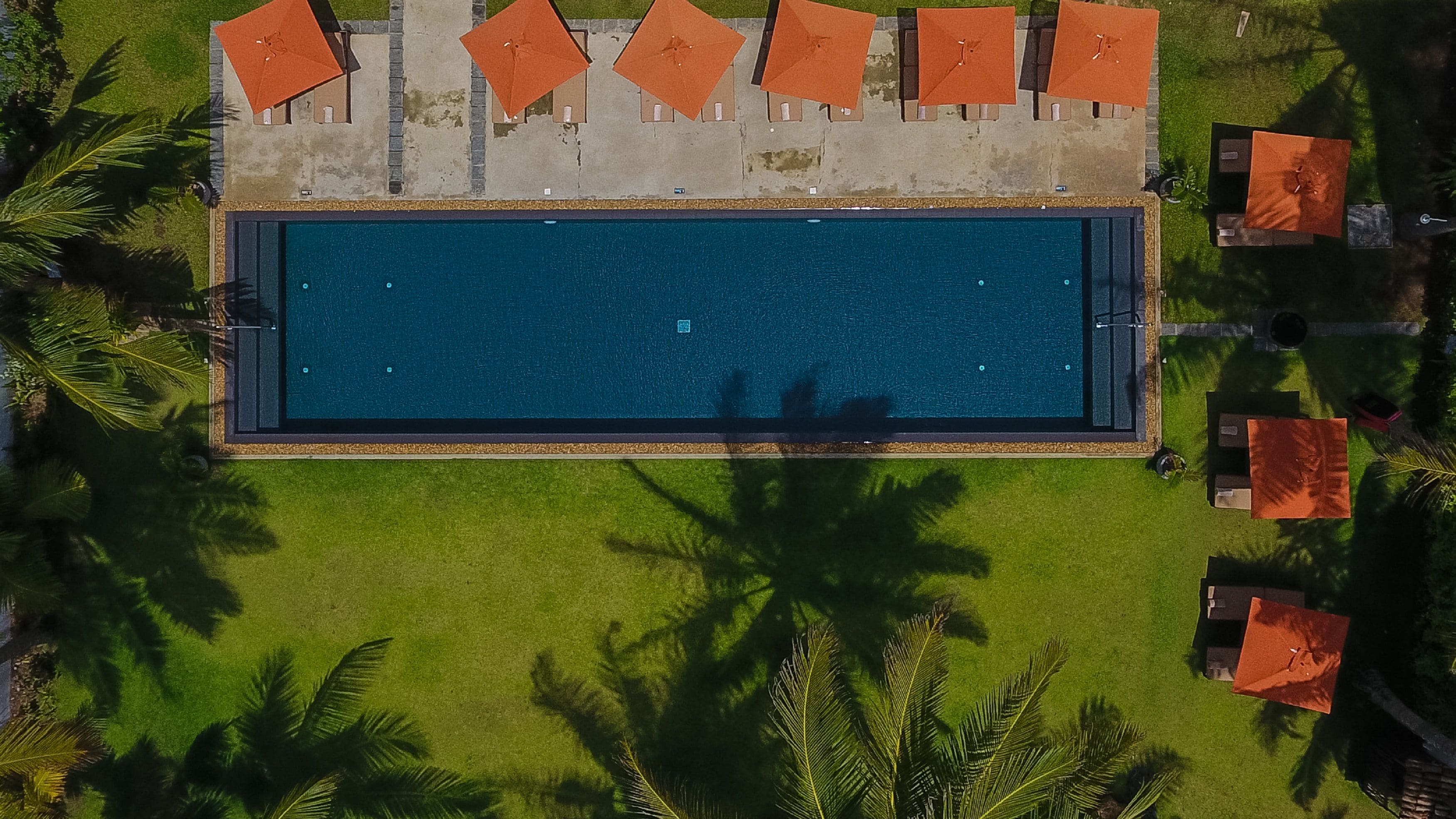 An aerial view of a rectangular swimming pool surrounded by a concrete deck, with several orange umbrellas and palm trees.