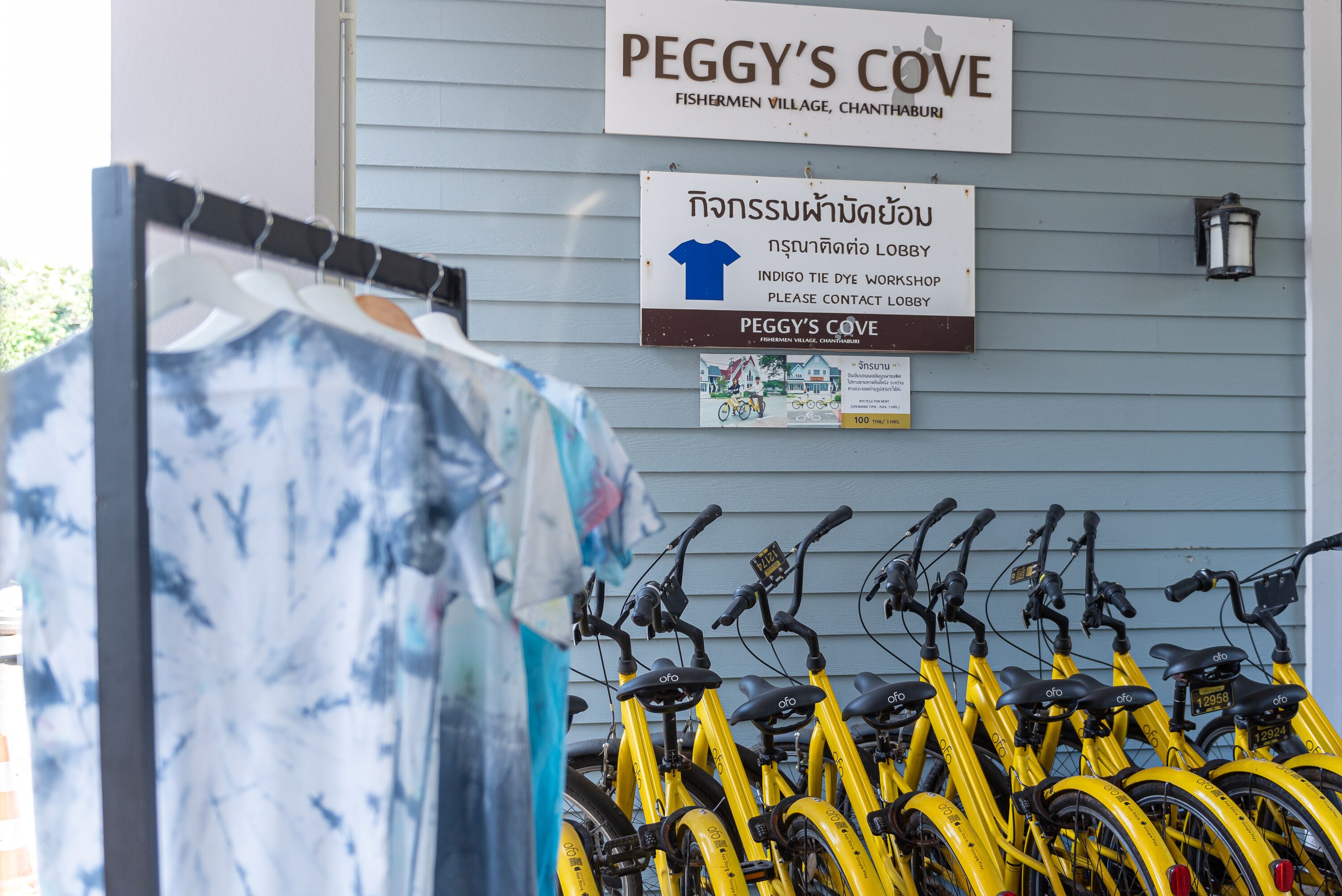 A row of yellow bicycles parked outside a building with signs indicating a workshop and a cove location.