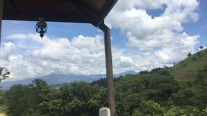 A view from a covered area with a wooden ceiling and a hanging light fixture, overlooking a lush green landscape with trees and distant mountains under a partly cloudy sky. - Hanthana House (Kandy)