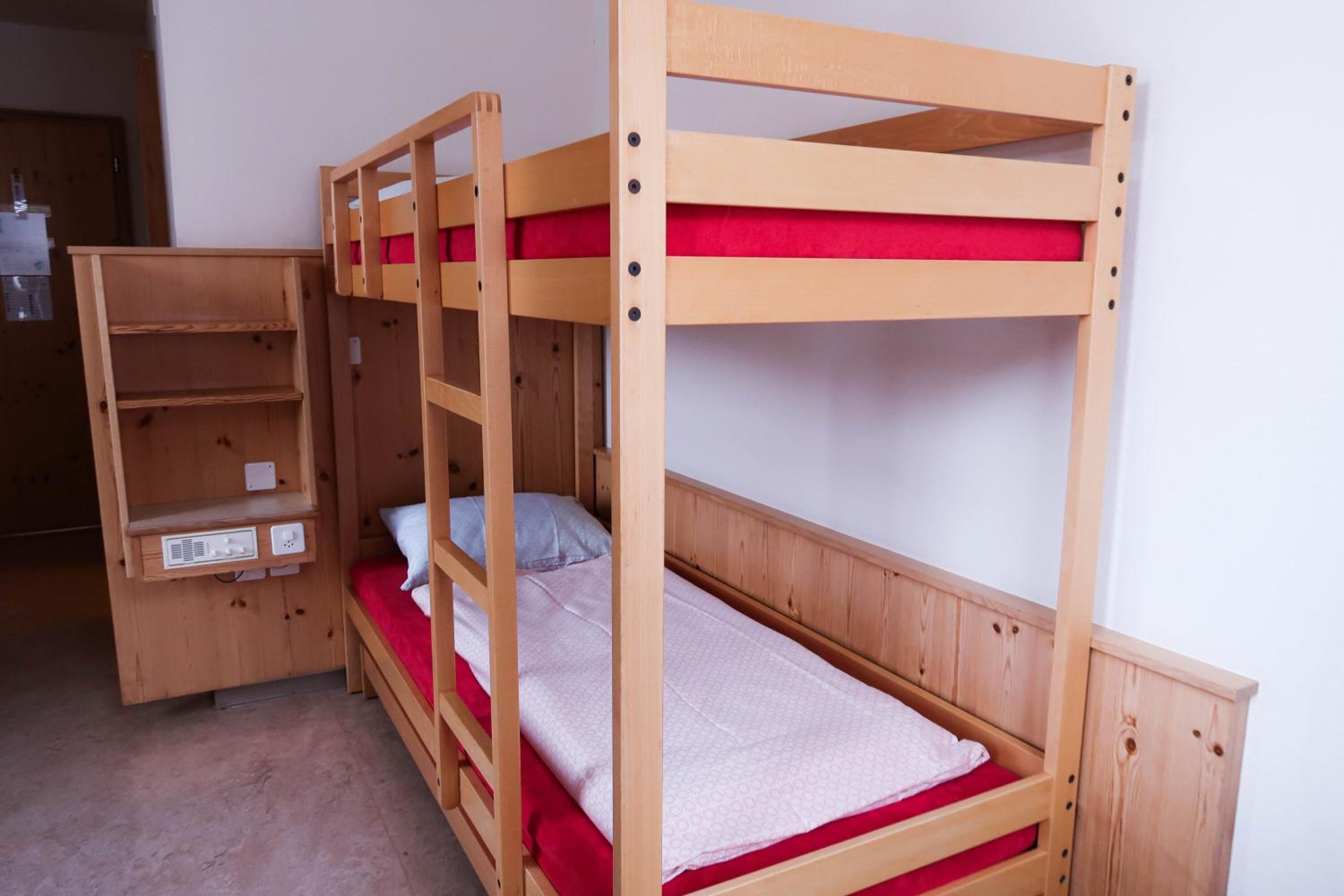 Una cama litera con una cama inferior y una estantería.