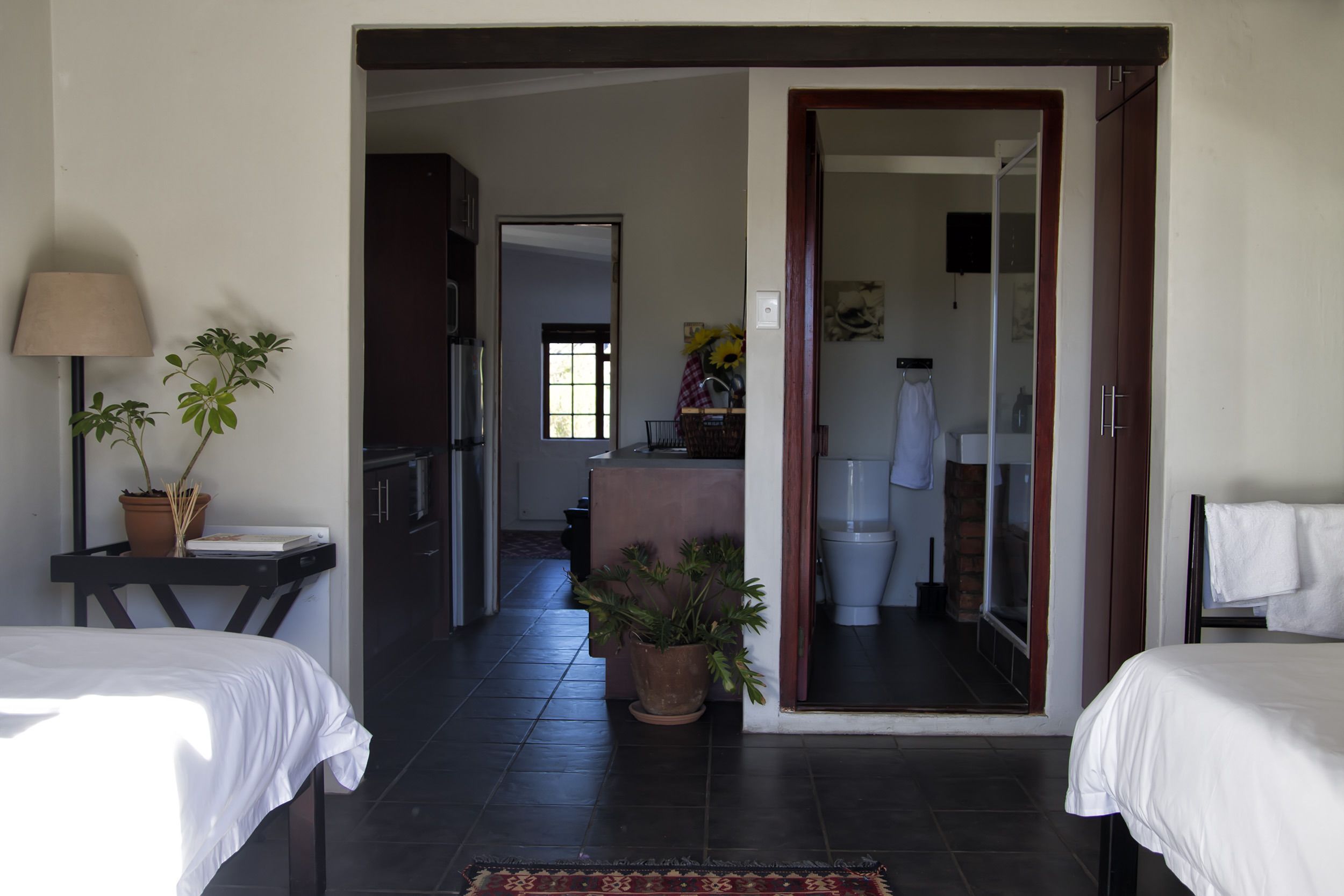 A hotel room with two beds, a small table with a lamp, and a potted plant.
