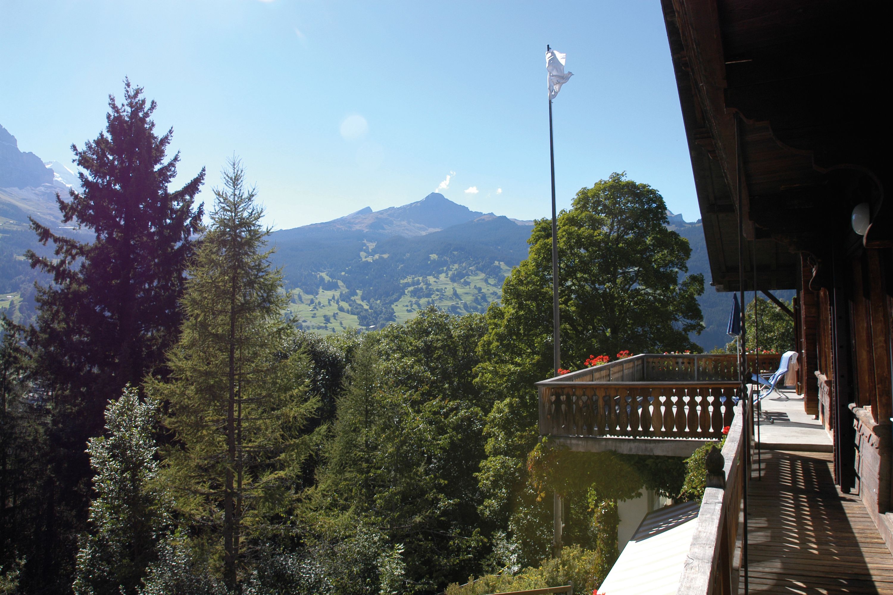 A wooden balcony with a railing, overlooking a mountainous landscape with trees and a clear sky.