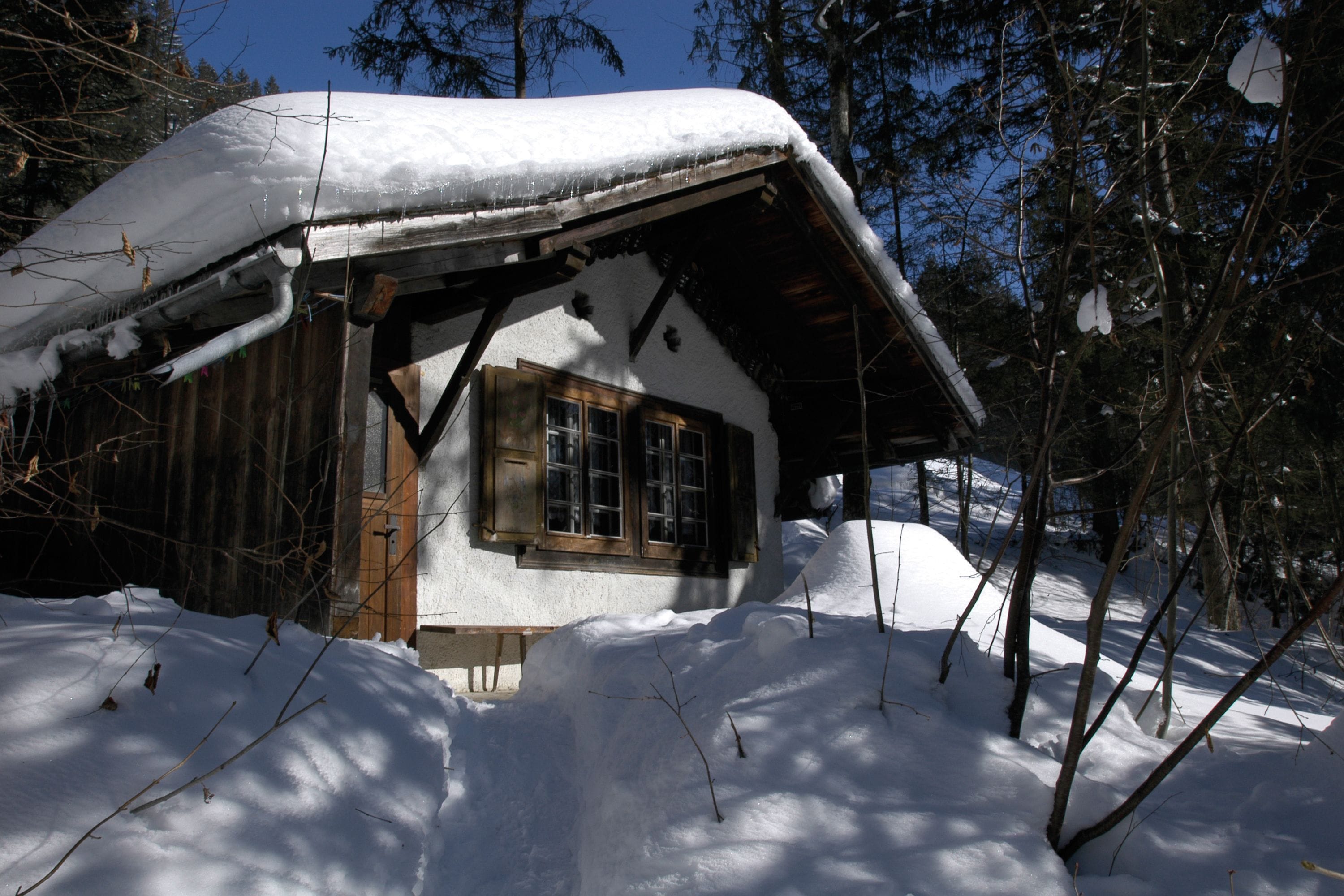 Una cabaña de madera con techo cubierto de nieve, rodeada de árboles.