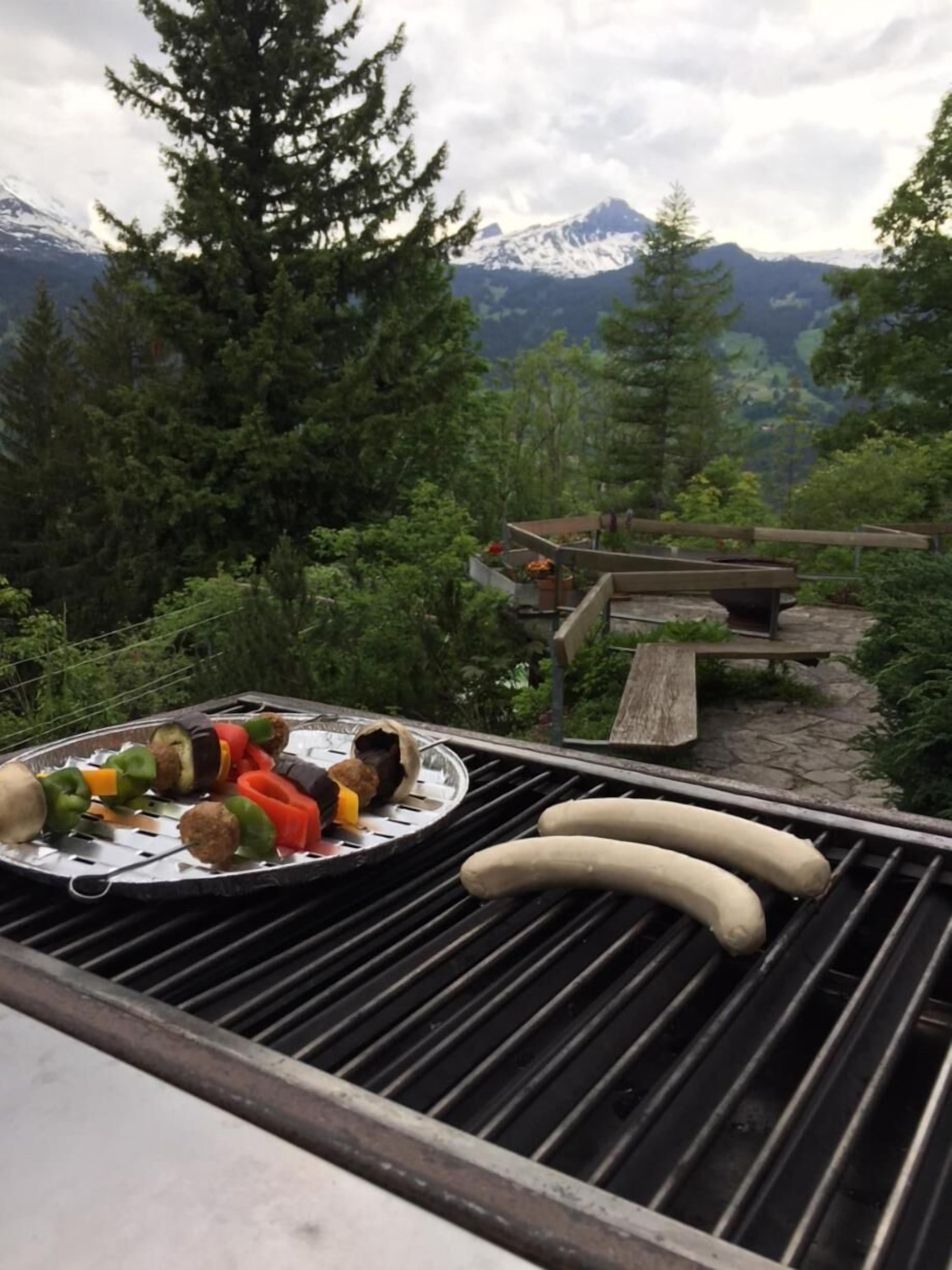 Una parrilla con brochetas de verduras y salchichas, frente a un paisaje de árboles y montañas.