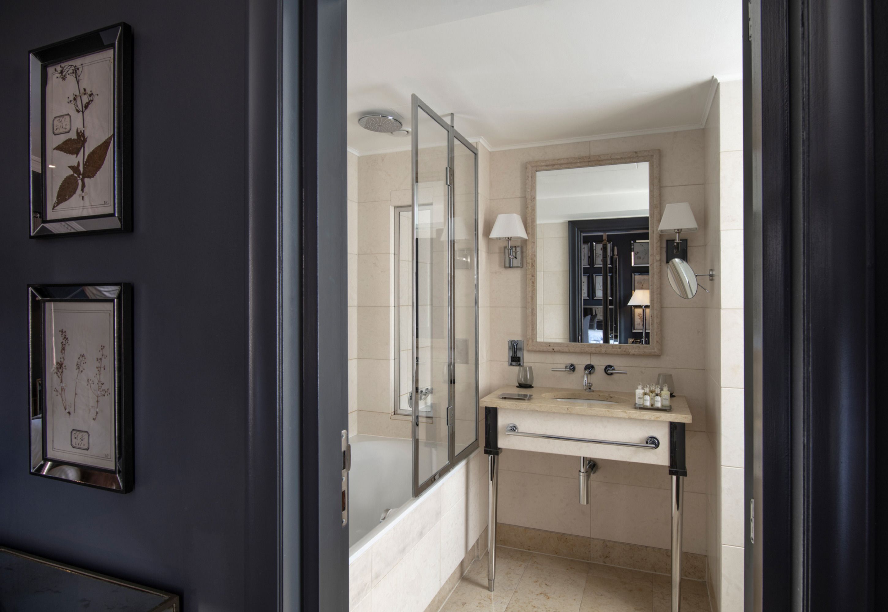 rainfall showerhead, designer toiletries, hair dryer, bathrobes