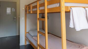 A bunk bed with a ladder, a door with a handle, and a towel hanging on the side.