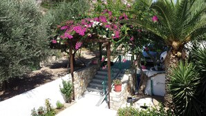 A garden with a pergola covered in pink flowers, a stone staircase, and a palm tree. - Kontessa Apartments (Kos)