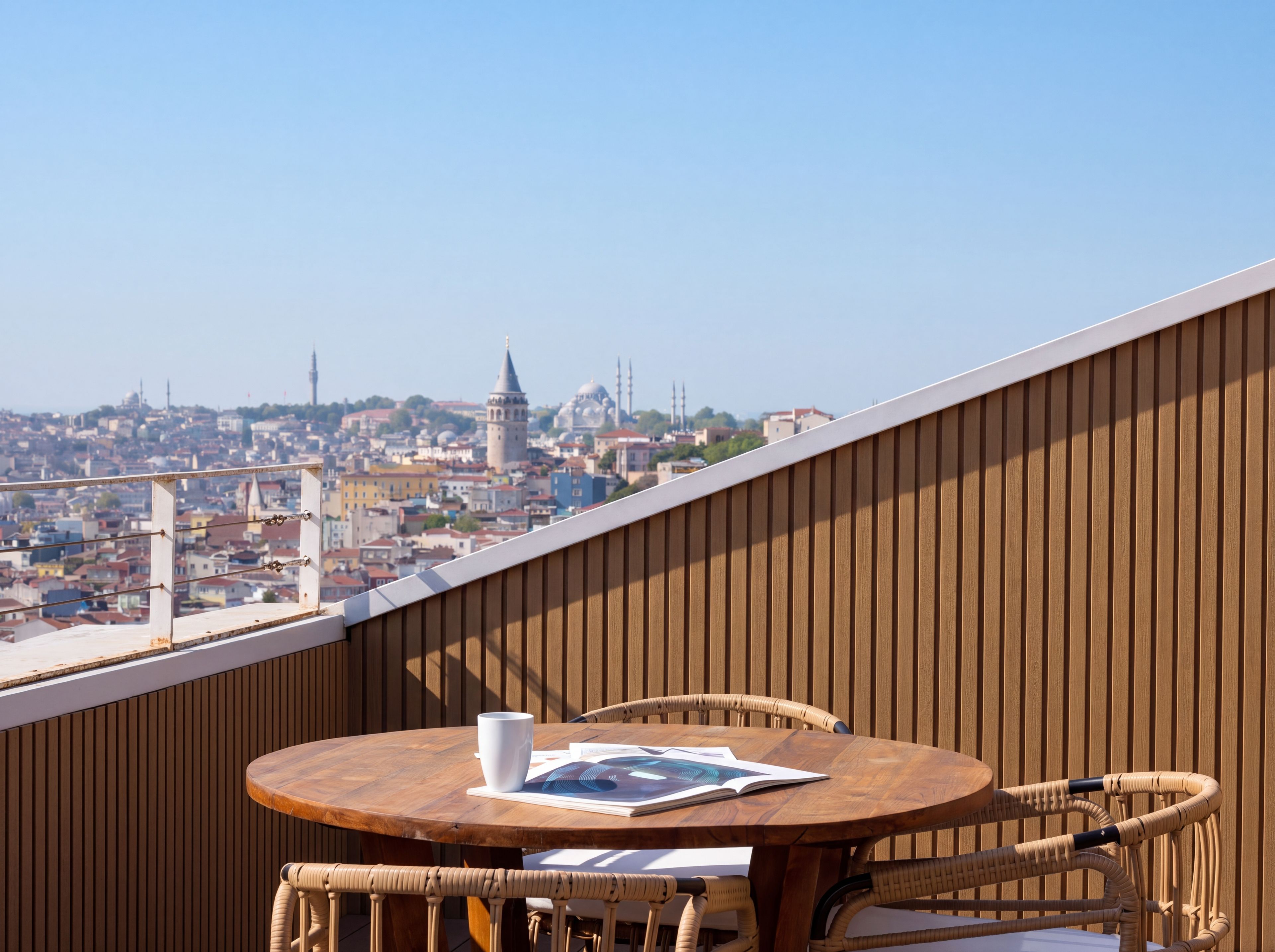 A round wooden table with a white cup and a magazine on it, surrounded by wicker chairs, overlooking a cityscape with buildings and a tower.