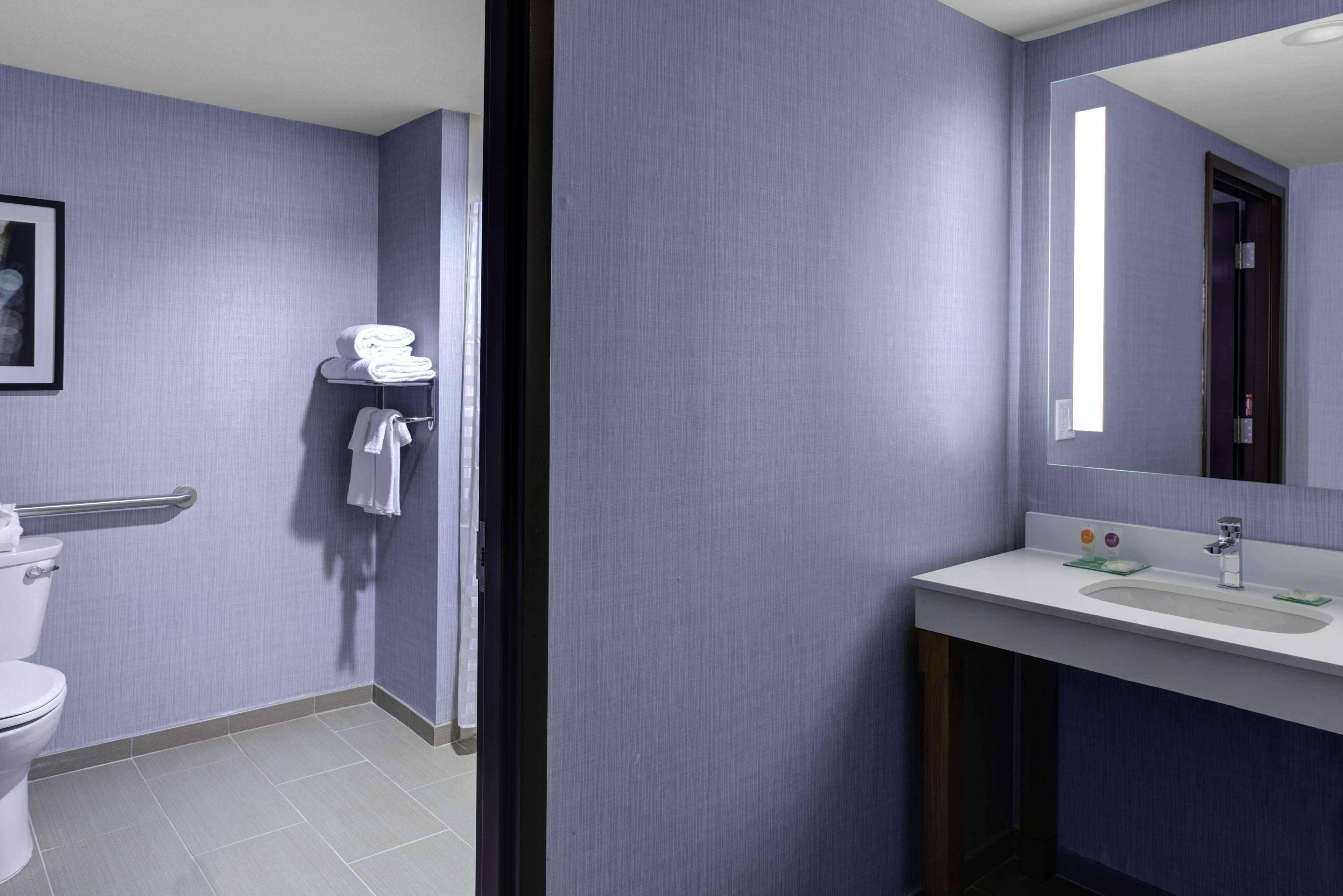 room, 1 king bed with sofa bed, accessible (with shower) | bathroom | combined shower/bathtub, free toiletries, towels