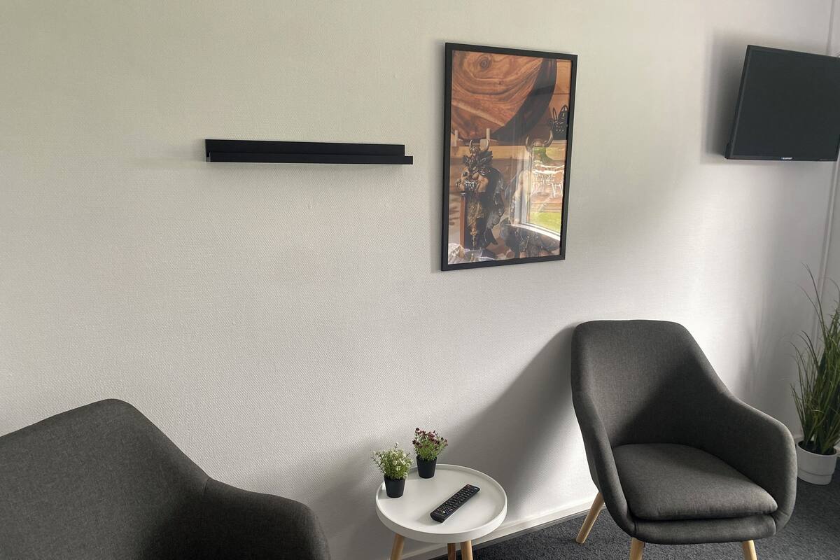 Ein modernes Zimmer mit zwei grauen Sesseln, einem kleinen weißen Tisch mit Fernbedienung und Topfpflanzen, einem gerahmten Bild an der Wand und einem flachbildfernseher, der an der Wand befestigt ist.