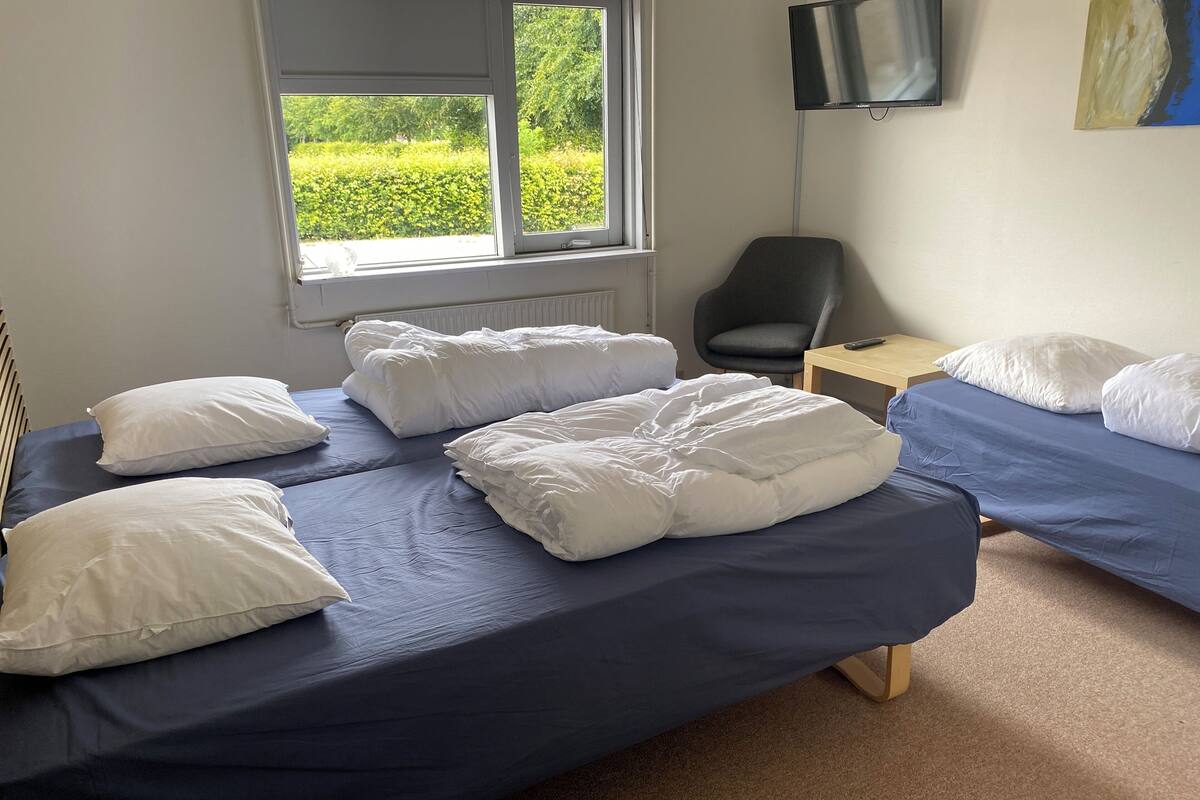 Ein Zimmer mit zwei Betten, einem Sessel, einem Fernseher und einem Fenster mit Blick ins Grüne.