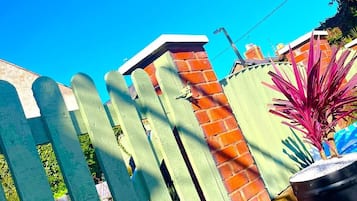 Una valla verde de madera, un muro de ladrillo y una planta en maceta con hojas rojas.