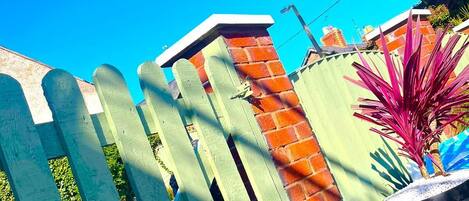 A green wooden fence, a brick wall, and a potted plant with red leaves.