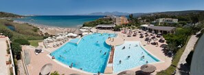 Seasonal outdoor pool, pool umbrellas, pool loungers
