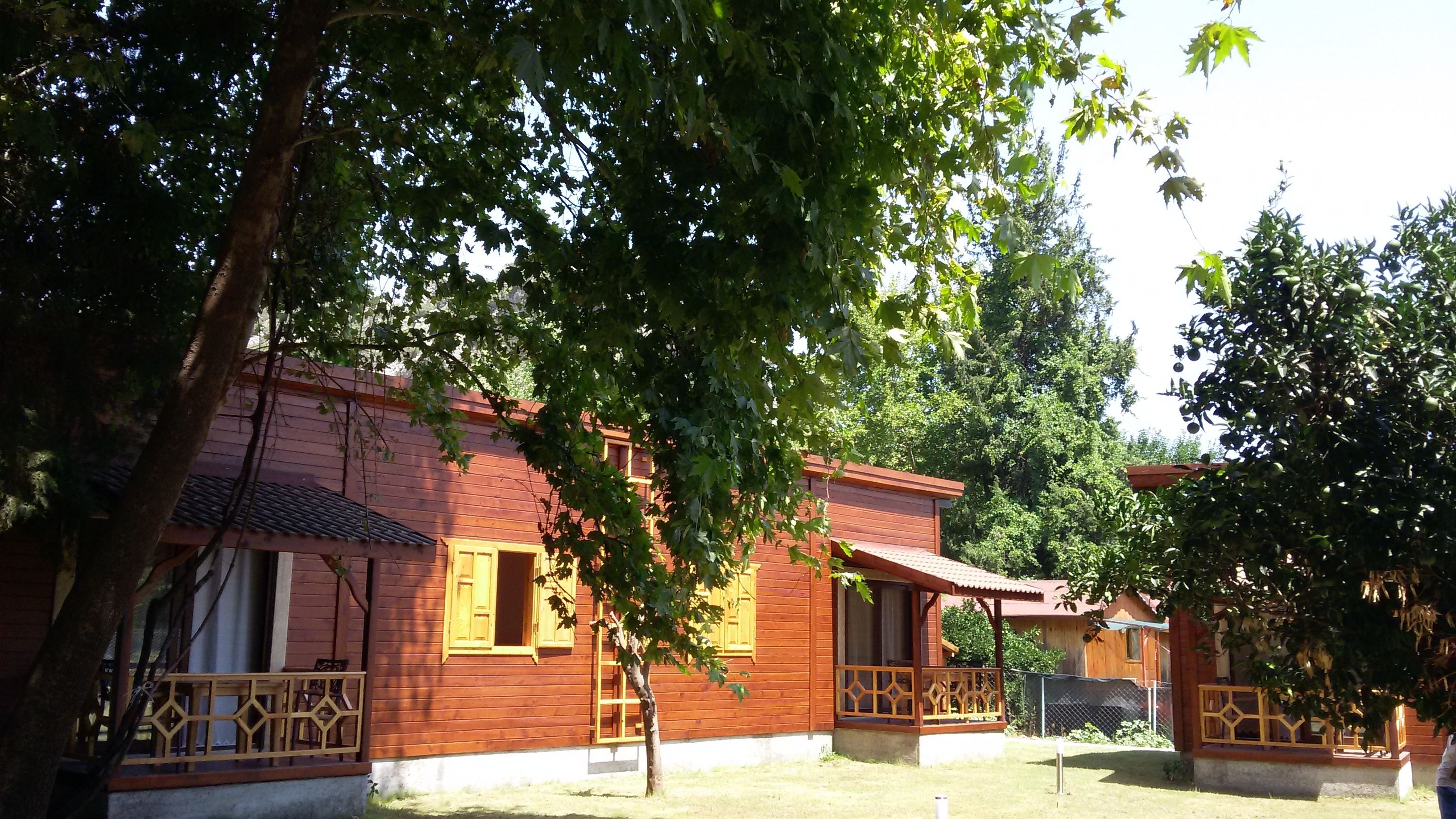 A wooden cabin with a balcony, surrounded by trees.