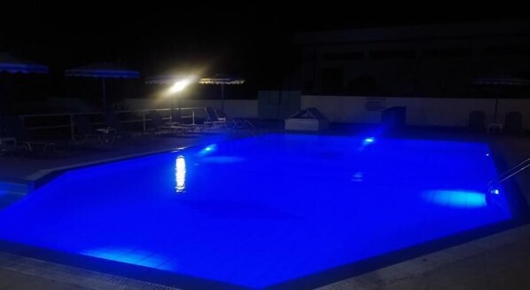 Outdoor pool, pool umbrellas, pool loungers