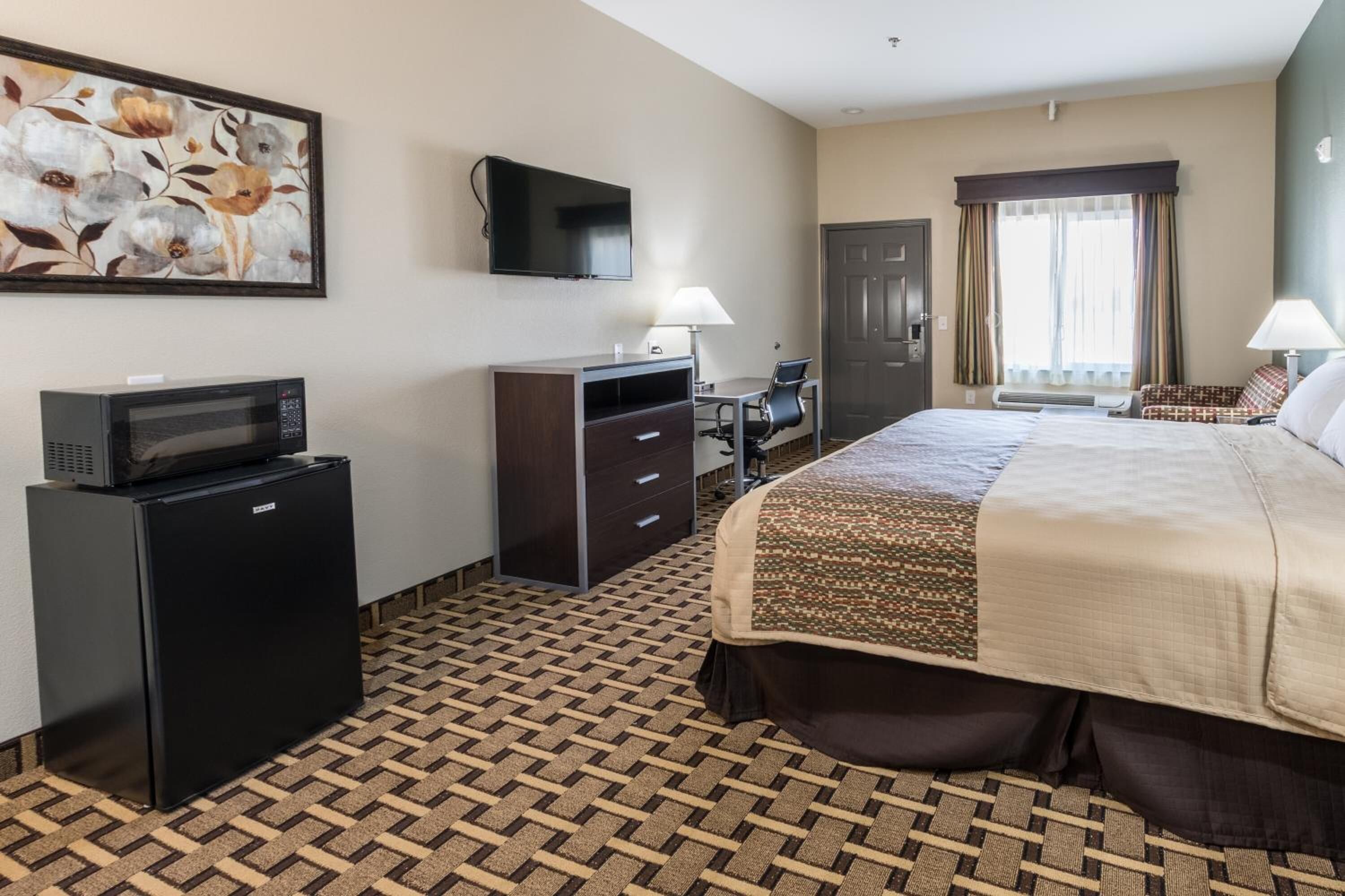 A hotel room with a bed, desk, chair, television, and a microwave.