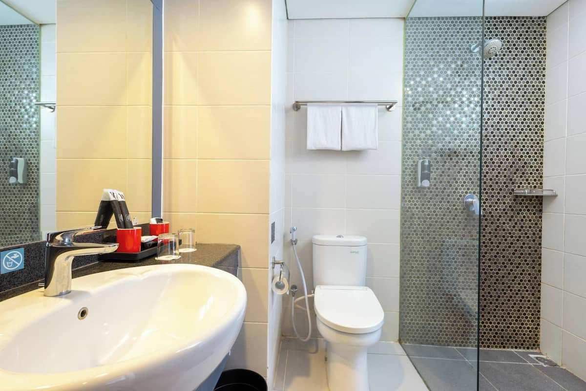 shower, free toiletries, hair dryer, towels