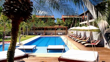 Outdoor pool, pool umbrellas, pool loungers