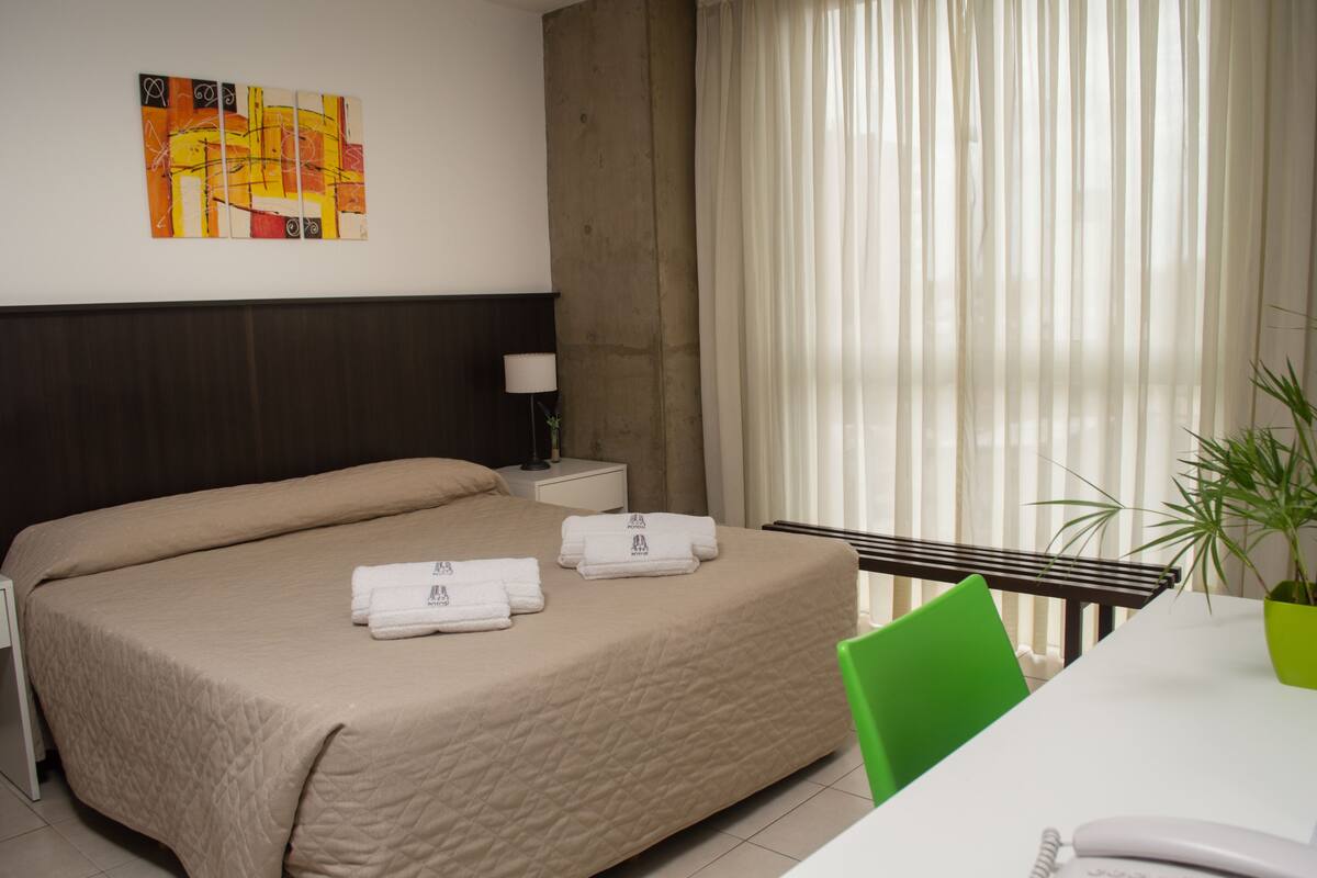 Habitación de hotel con cama, mesita de noche, lámpara, sillón, mesa con teléfono y una planta.
