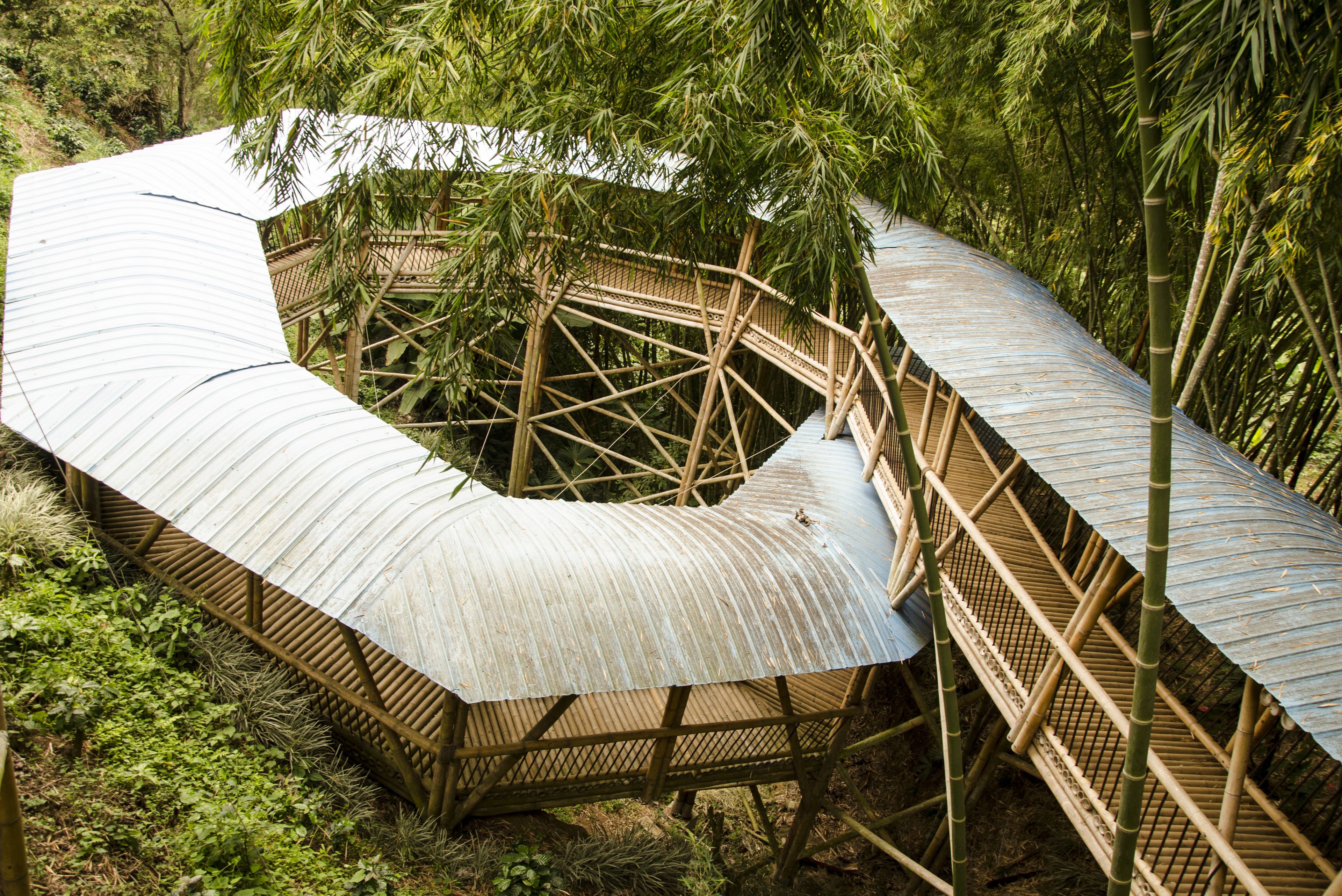 A curved bamboo structure with a metal roof, surrounded by dense greenery.