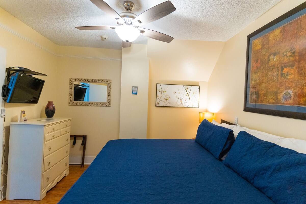 A bedroom with a bed, a ceiling fan, a dresser, a television, and artwork on the walls.