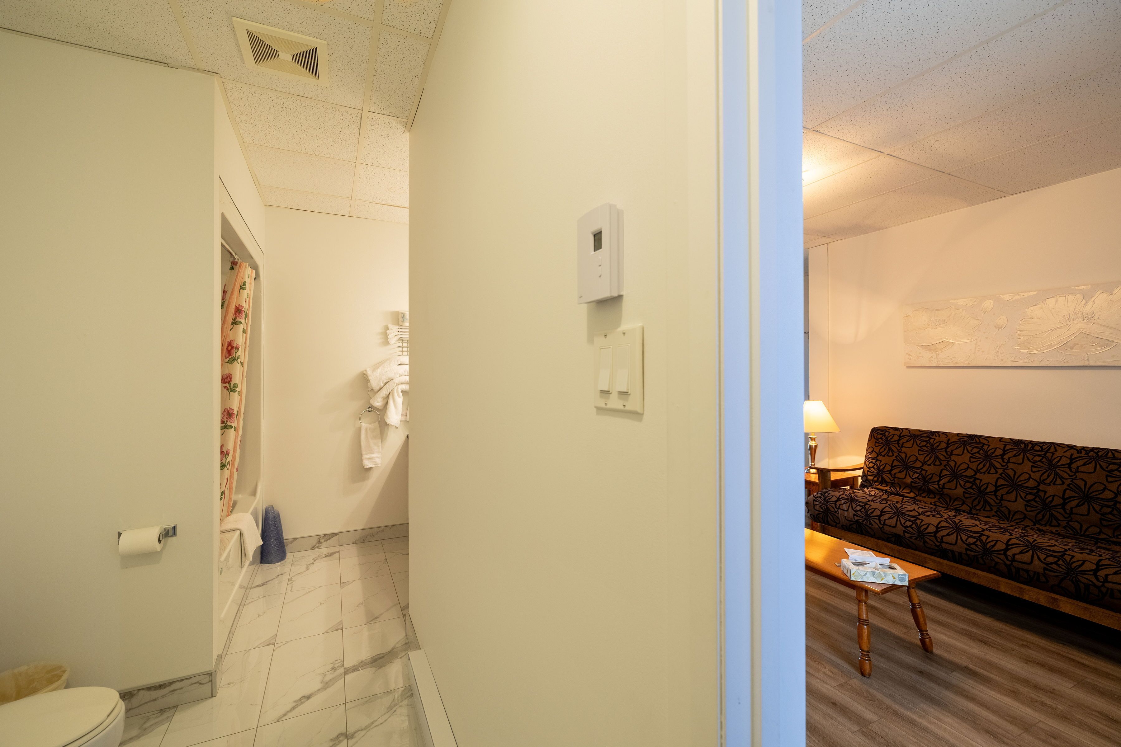 Une salle de bain avec des toilettes, une douche et un porte-serviettes. On y trouve une petite table avec une lampe et un canapé dans l’espace salon.