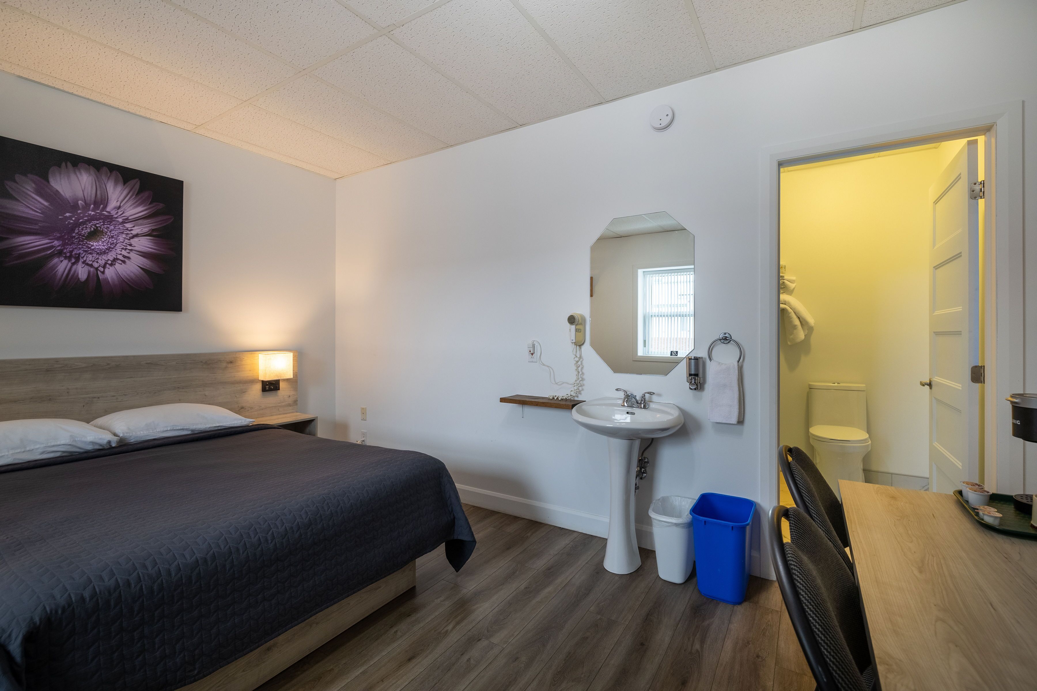 Une chambre à coucher avec un lit, une table de chevet, une lampe fixée au mur, un lavabo, un miroir et une poubelle bleue.
