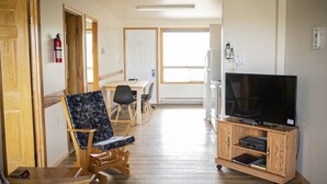 A room with a wooden floor, a television on a wooden stand, a chair with a patterned cushion, and a table with chairs.