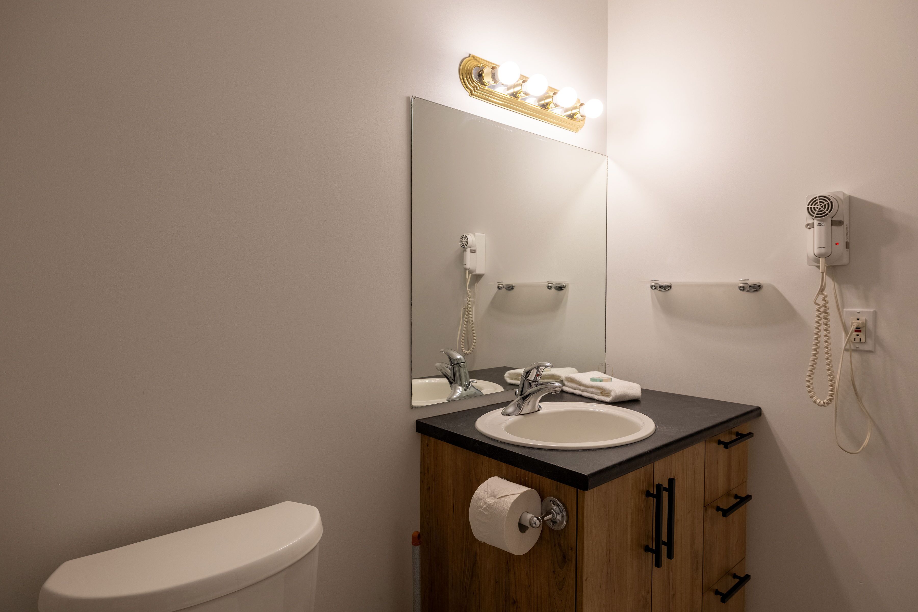 Ein Badezimmer mit einer weißen Toilette, einem Waschbecken mit Spiegel darüber und einem an der Wand befestigten Föhn.