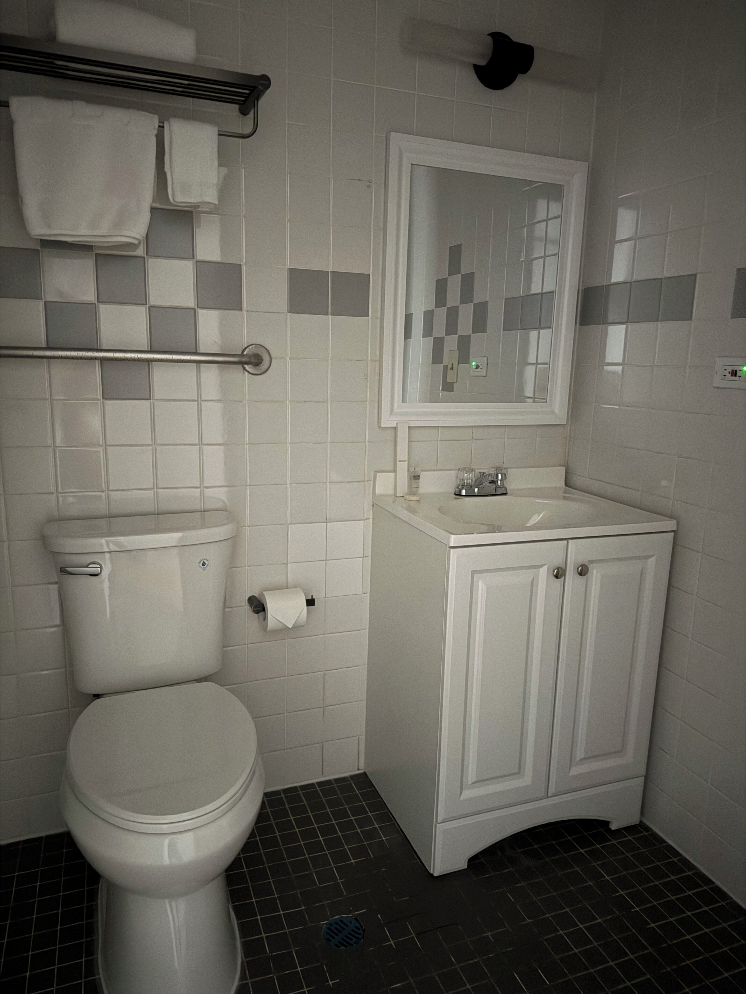 Une salle de bain équipée d’un WC, d’un lavabo, d’un miroir et d’un porte-serviettes.