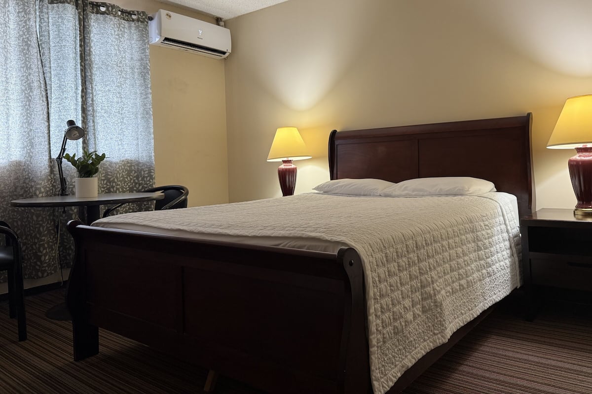 A hotel room with a bed, bedside lamps, a desk with a chair, an air conditioning unit, and a potted plant.