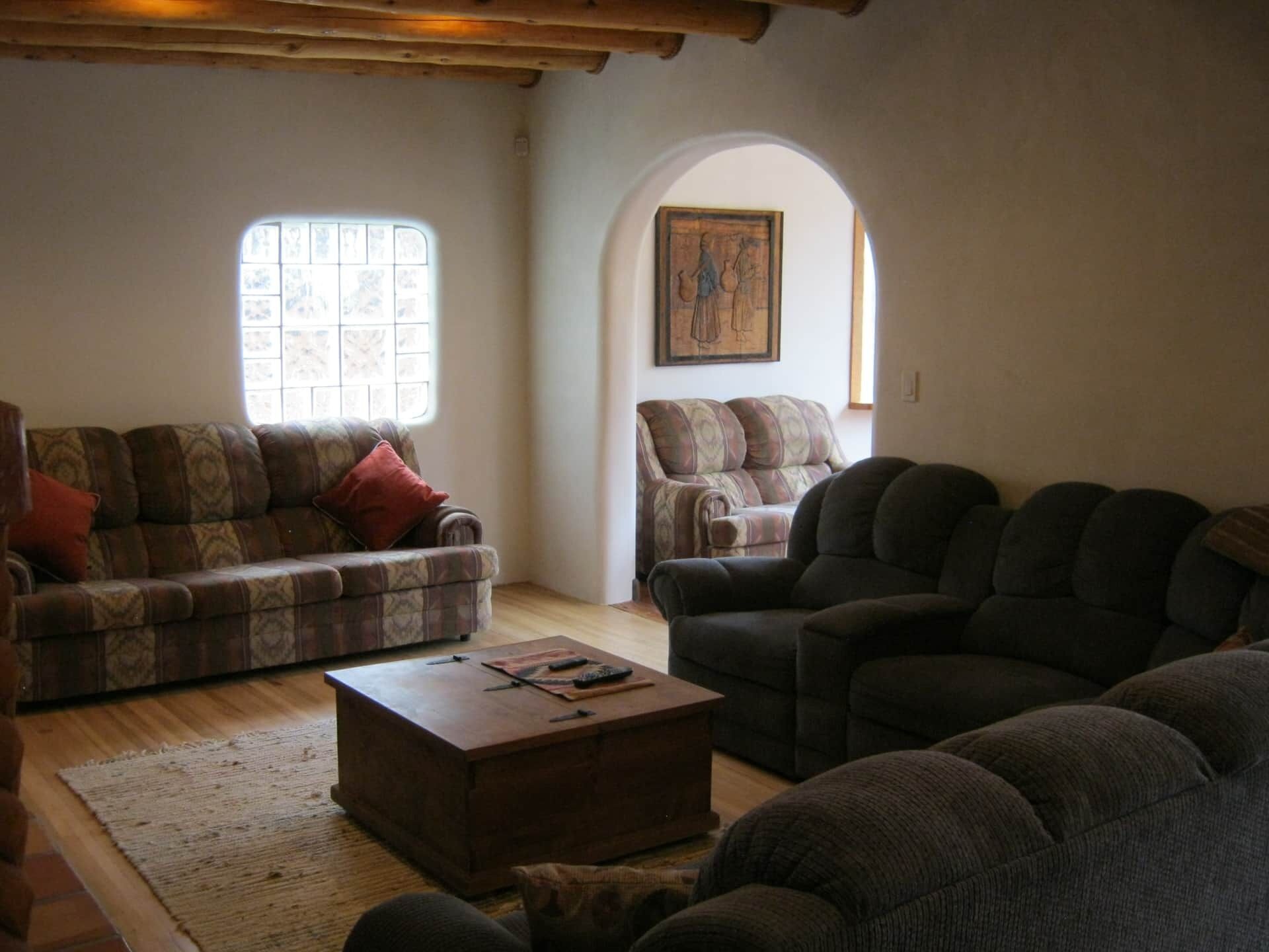 A living room with a patterned sofa, a dark sofa, a wooden coffee table, and a window with a view.