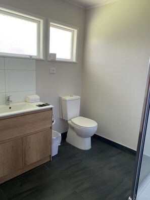 A modern bathroom with a white toilet, a wooden vanity, and a large mirror. - Colonial Motel (Papakura)