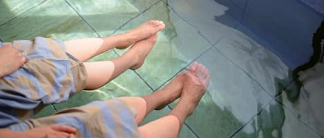 Una persona sentada con los pies en una bañera.
