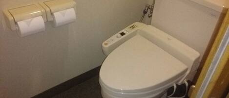 A standard white toilet with a control panel, a toilet paper holder with three rolls, and a visible toilet paper roll.
