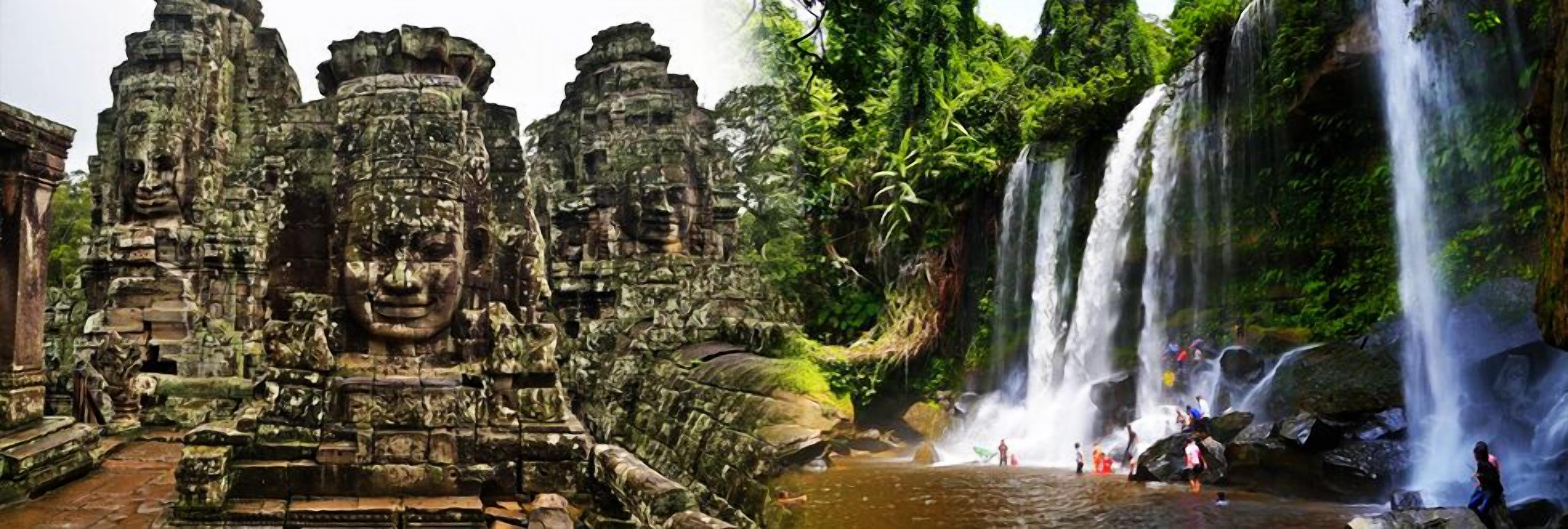 A temple with intricate carvings and a waterfall in the background.