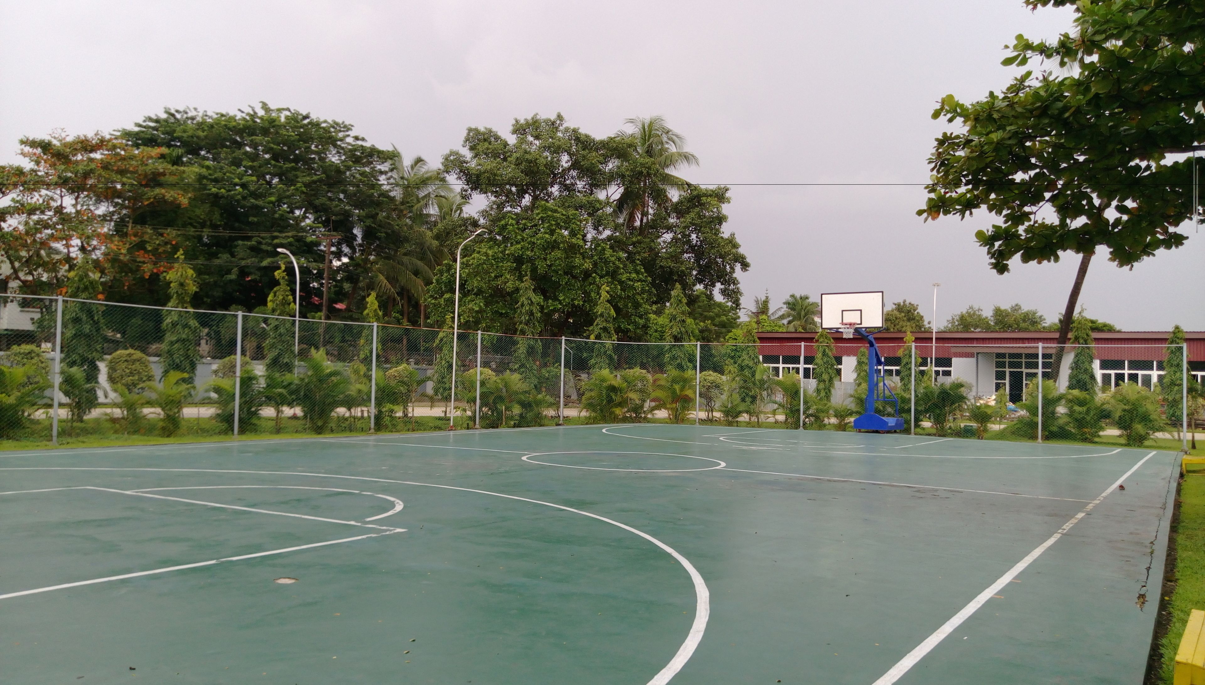 An outdoor basketball court with a hoop, surrounded by a chain-link fence and trees.