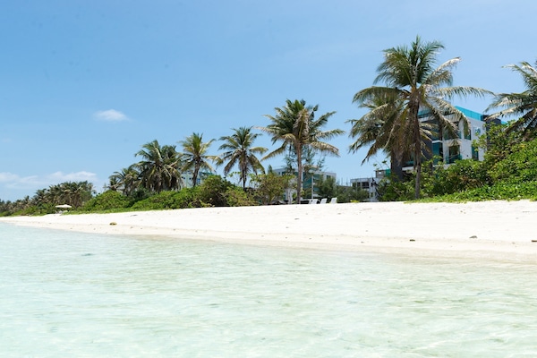 On the beach, white sand, sun loungers, beach umbrellas