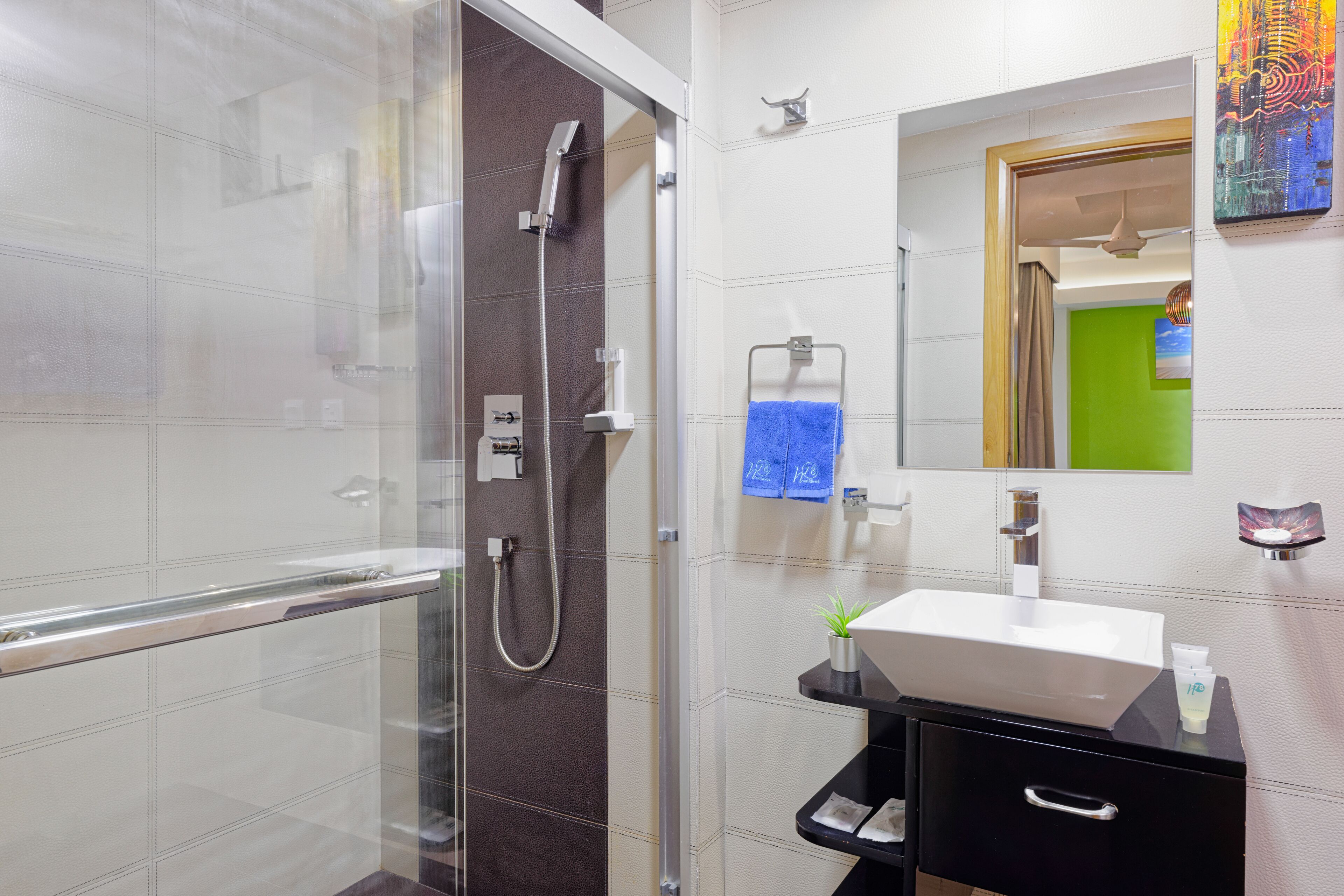 shower, free toiletries, hair dryer, bathrobes