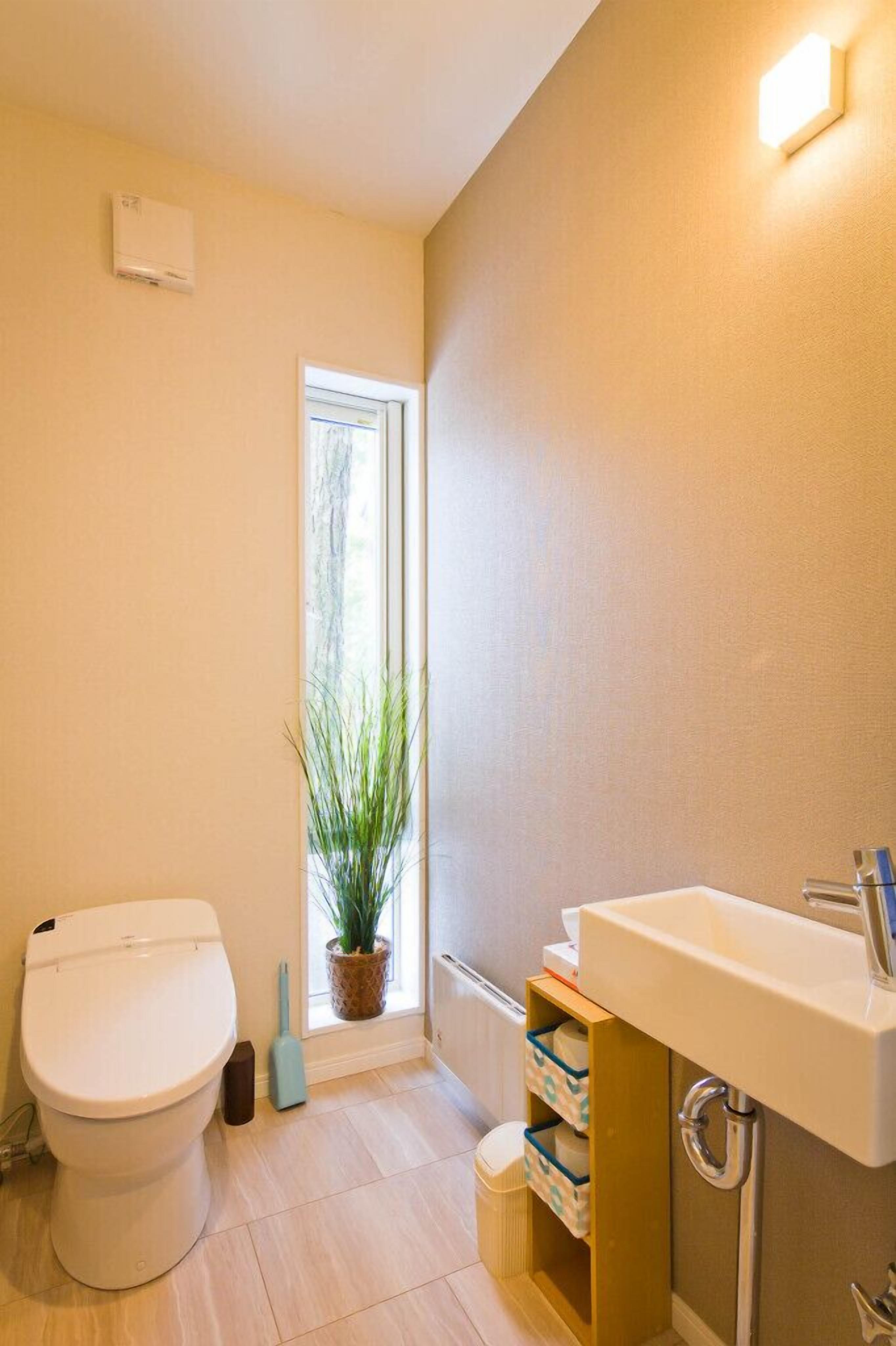 A bathroom with a toilet, sink, and a window with a plant.