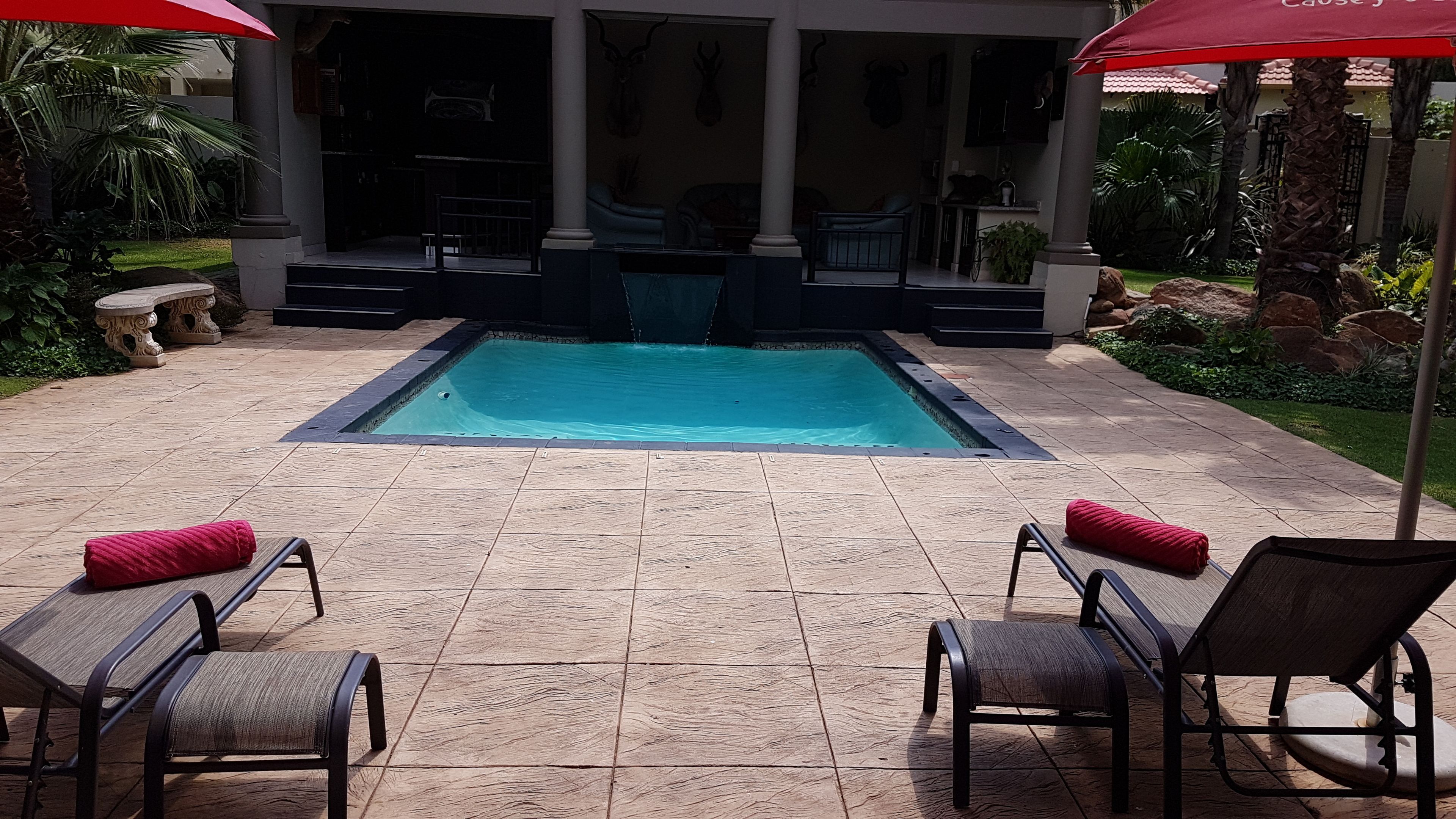 Outdoor pool, pool umbrellas, pool loungers