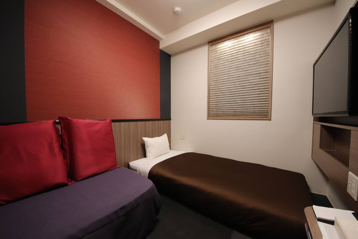 A hotel room with two beds, one with red and purple bedding and the other with brown bedding. There is a television on the right side of the room.
