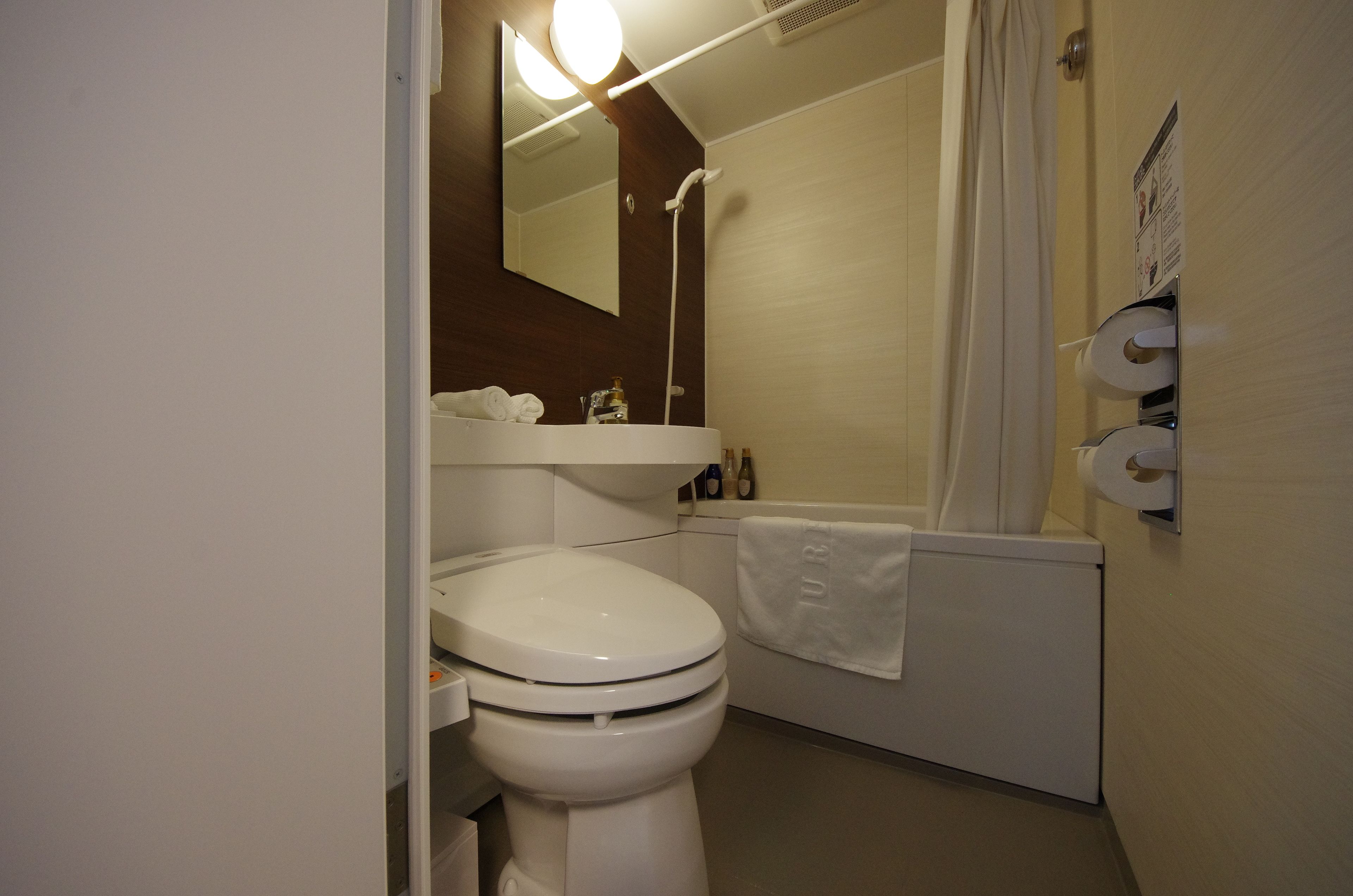 combined shower/bathtub, free toiletries, hair dryer, slippers