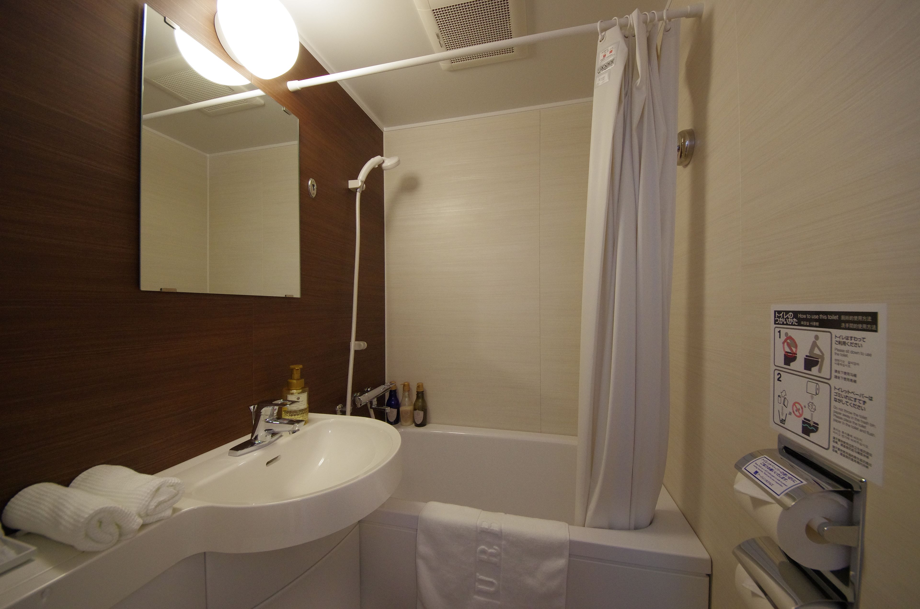 combined shower/bathtub, free toiletries, hair dryer, slippers