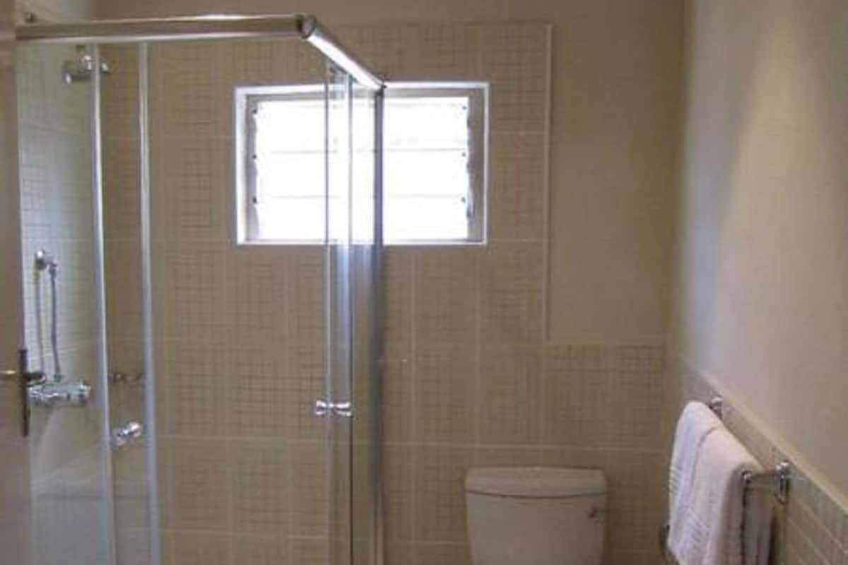 A bathroom with a glass-enclosed shower, a toilet, and a window.