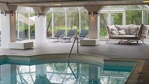 Un área de piscina con sillones de descanso y un sofá, ventanas amplias y un techo con diseño de cuadrícula.
